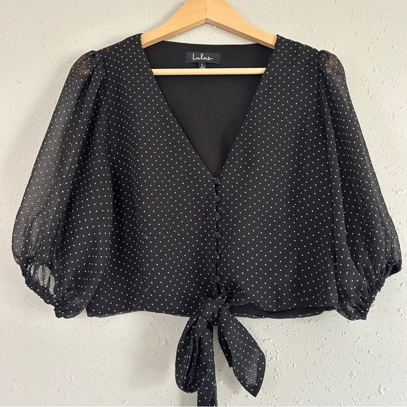 Lulu’s Black Cream Polka Dot Tie Cropped Blouse Puff Sleeve Casual Formal Large - Picture 1 of 6